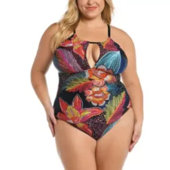 Women's La Blanca Plus High Neck Keywhole One-Piece Swimsuit